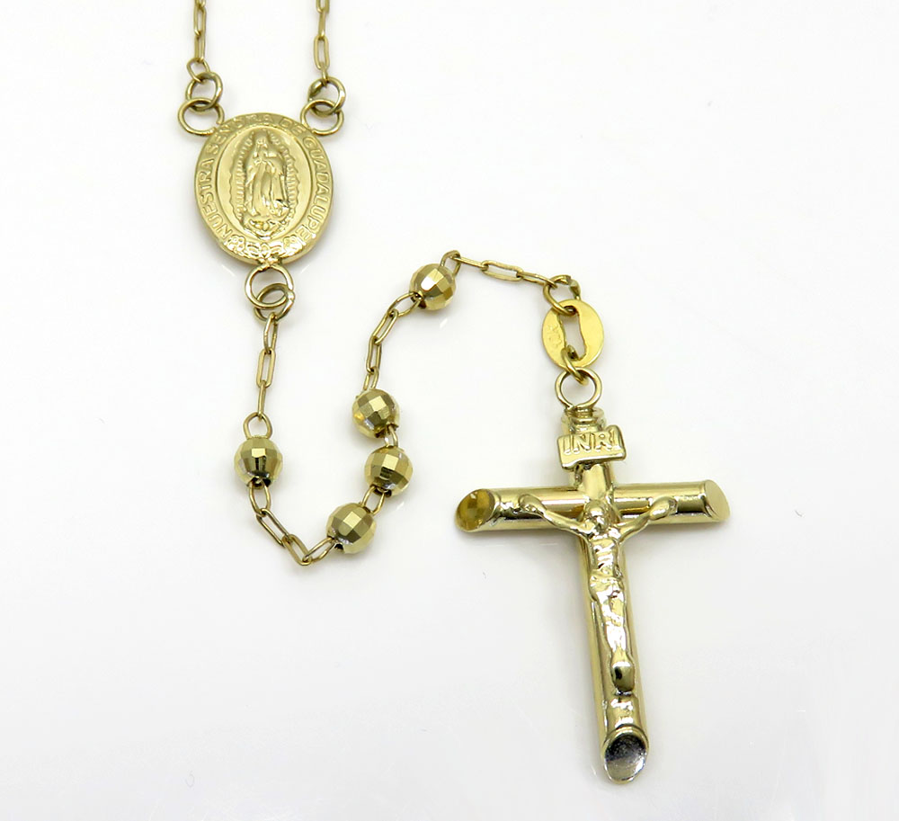 14k yellow gold diamond cut bead rosary chain 26 inch 3mm