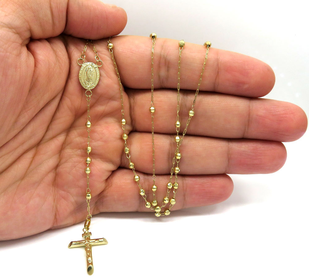 14k yellow gold diamond cut bead rosary chain 26 inch 3mm