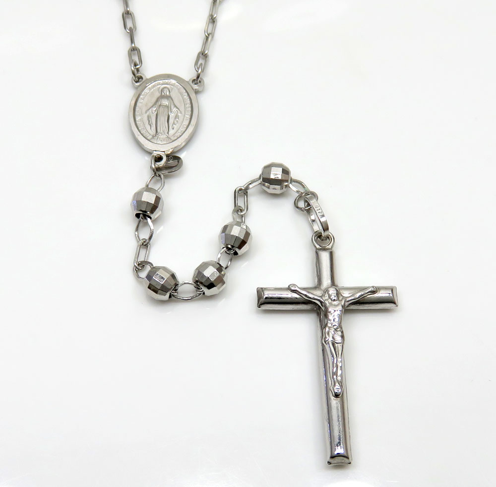 10k white gold diamond cut bead rosary chain 26 inch 5mm
