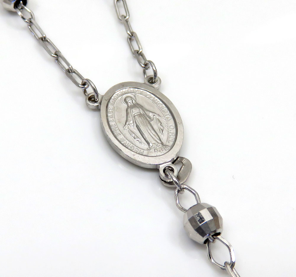 10k white gold diamond cut bead rosary chain 26 inch 5mm