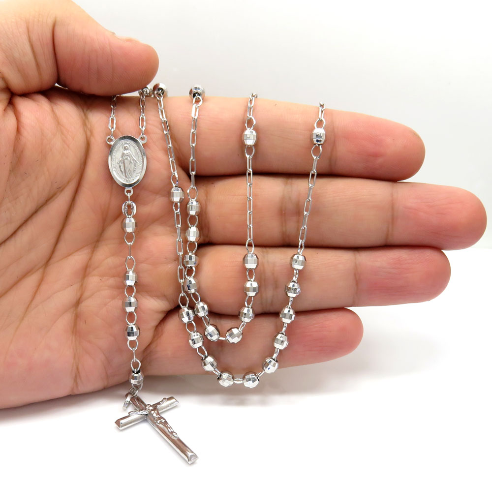 10k white gold diamond cut bead rosary chain 26 inch 5mm - Image 6