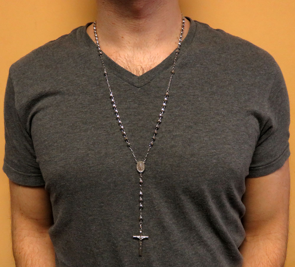 10k white gold diamond cut bead rosary chain 26 inch 5mm