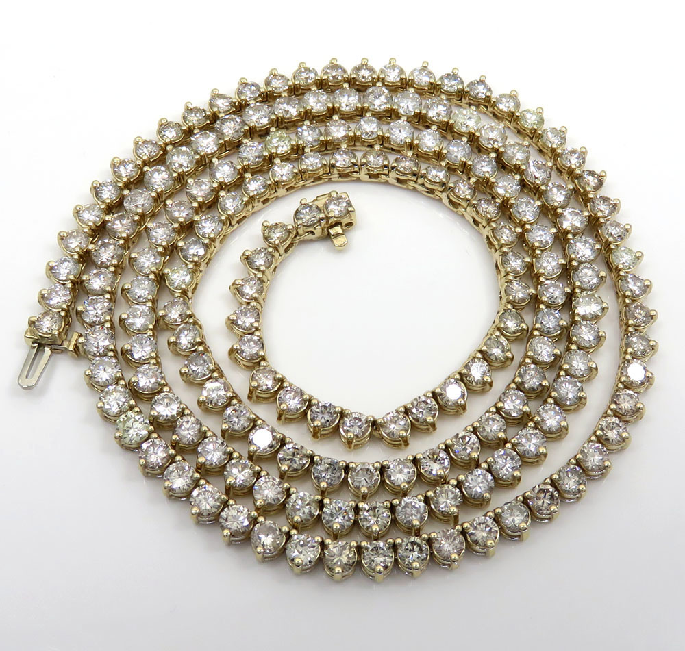 14k yellow gold 3 prong round diamond tennis link chain 27.50 inches 4.80mm 35.00ct