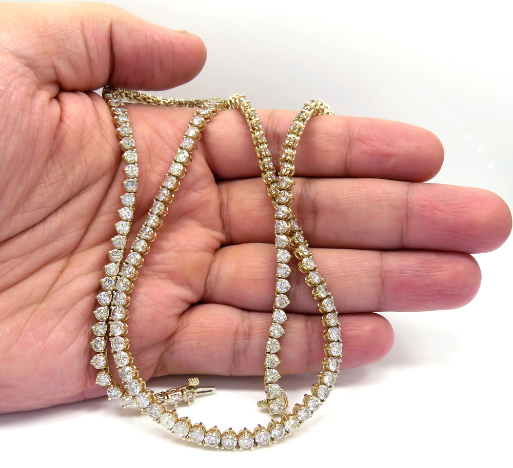 14k yellow gold 3 prong round diamond tennis link chain 27.50 inches 4.80mm 35.00ct