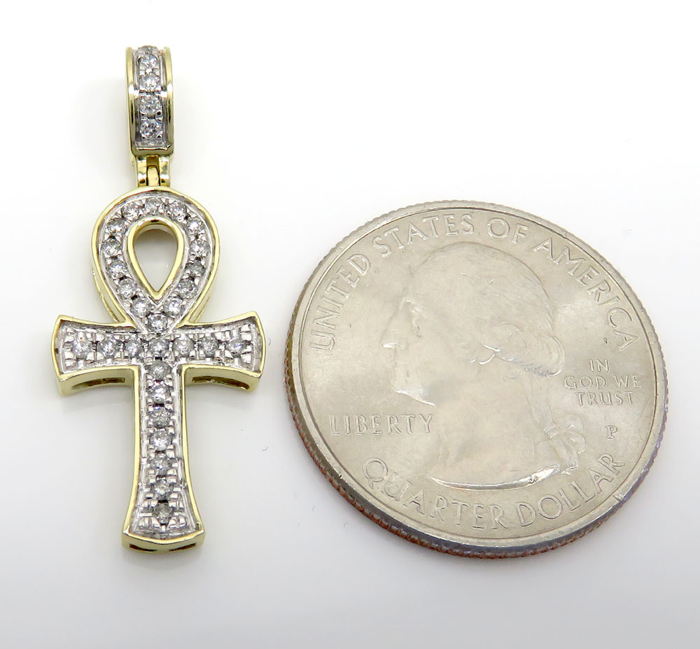 10k yellow gold thirty two diamond mini pave ankh cross 0.34ct 