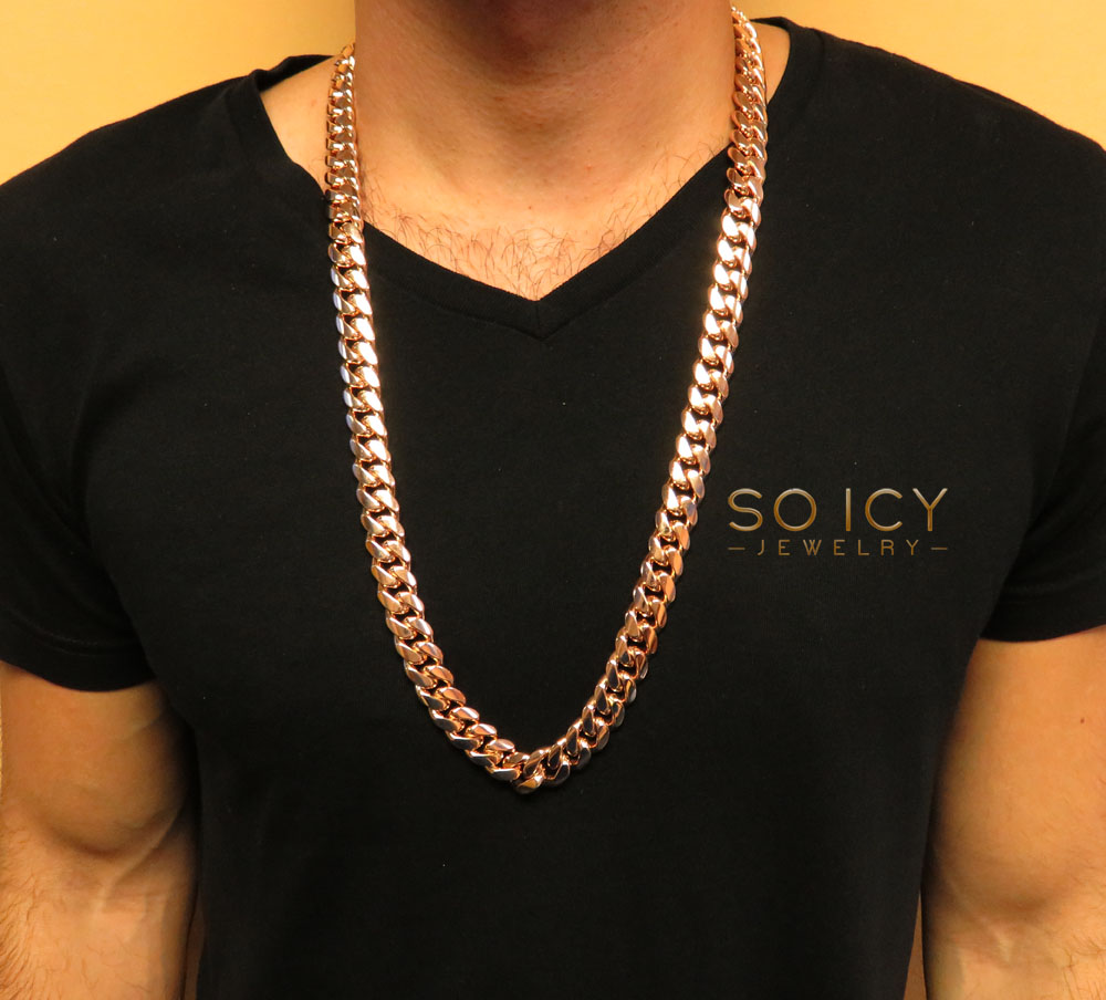 10k rose gold two sided diamond miami chain 30 inch 13.8mm 
