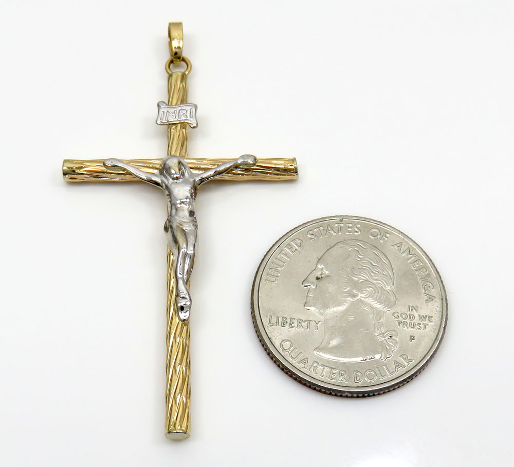 14k yellow gold two tone wood bark cross 