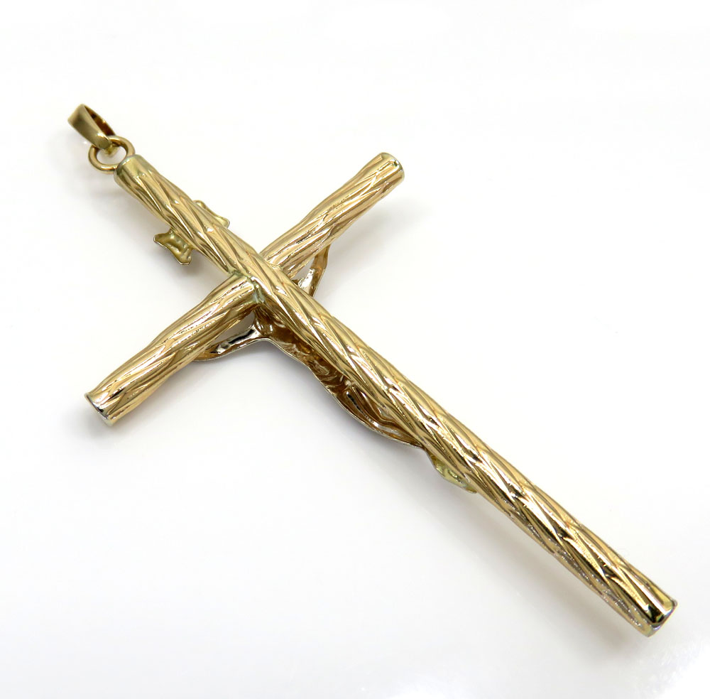 14k yellow gold two tone wood bark cross  - Image 3