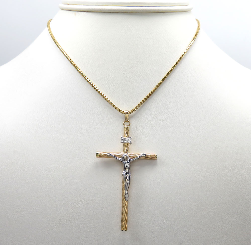 14k yellow gold two tone wood bark cross 