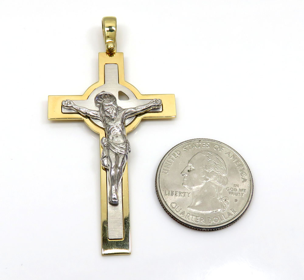 14k two tone double cross jesus pendant 