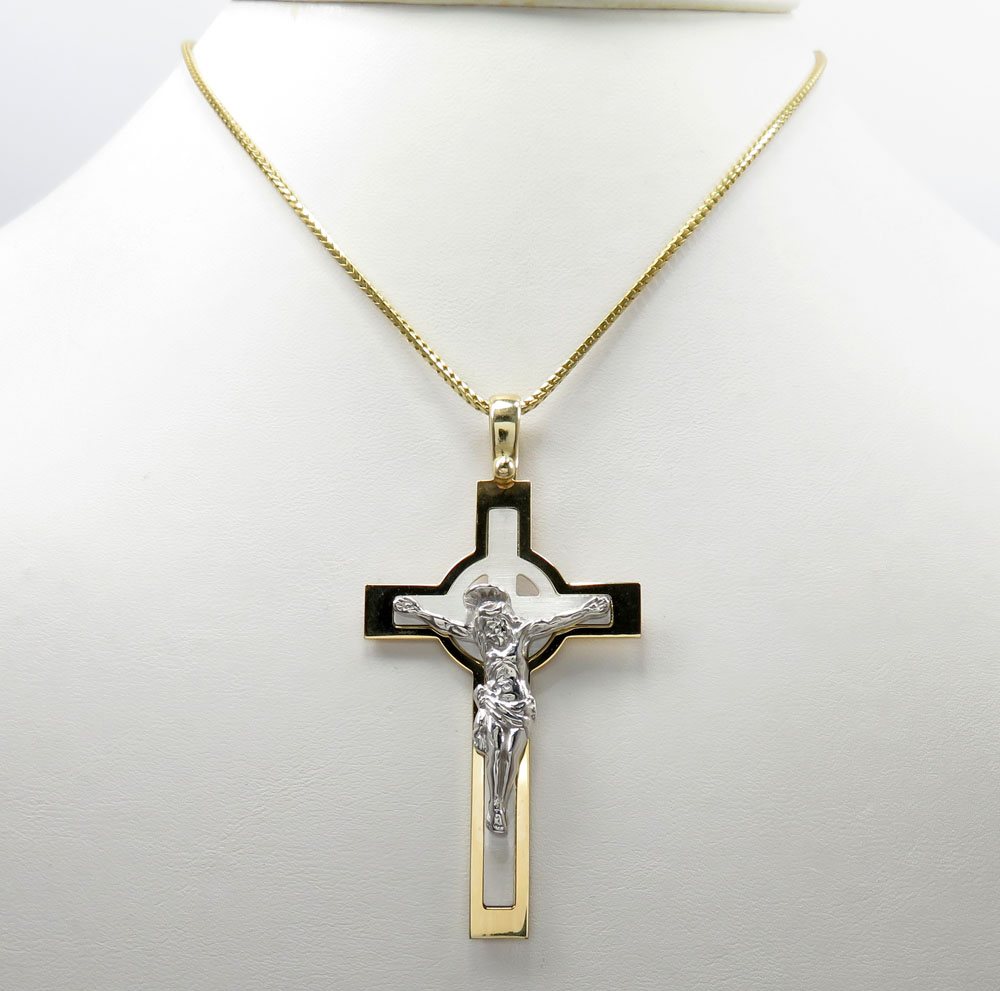 14k two tone double cross jesus pendant 