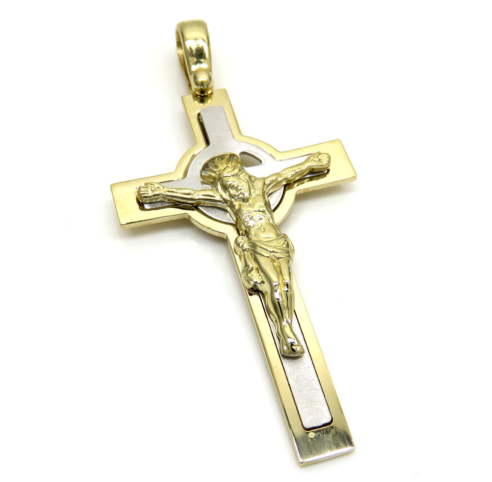 14k two tone double cross jesus pendant 