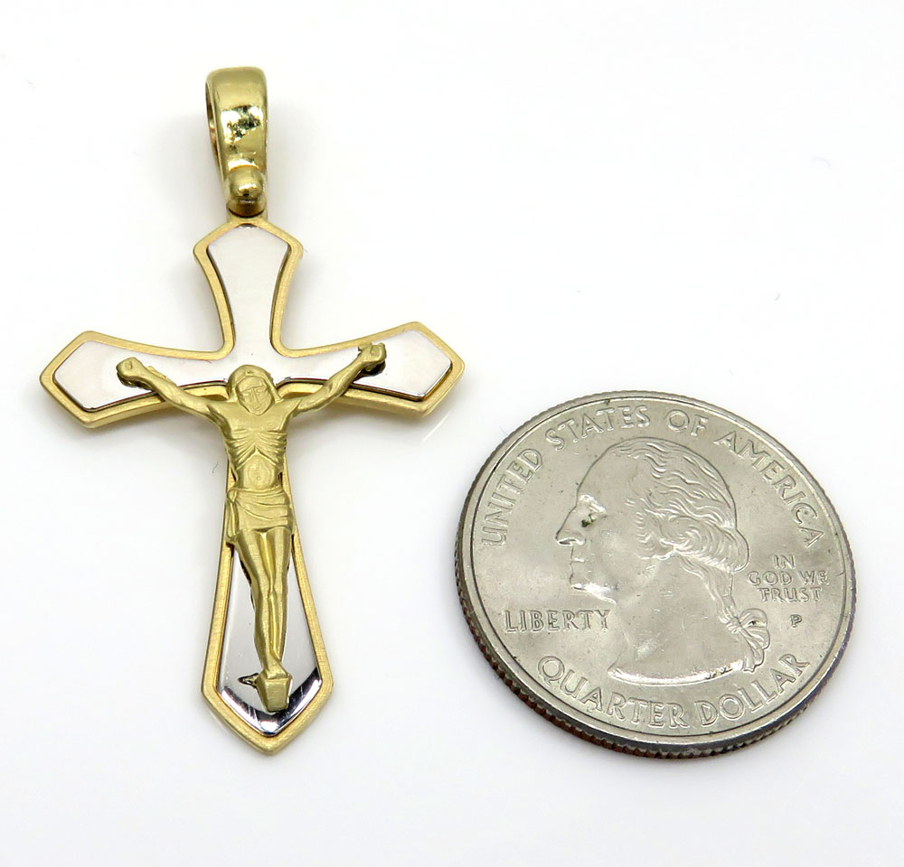 14k yellow and white gold two tone fancy edged cross - Image 2