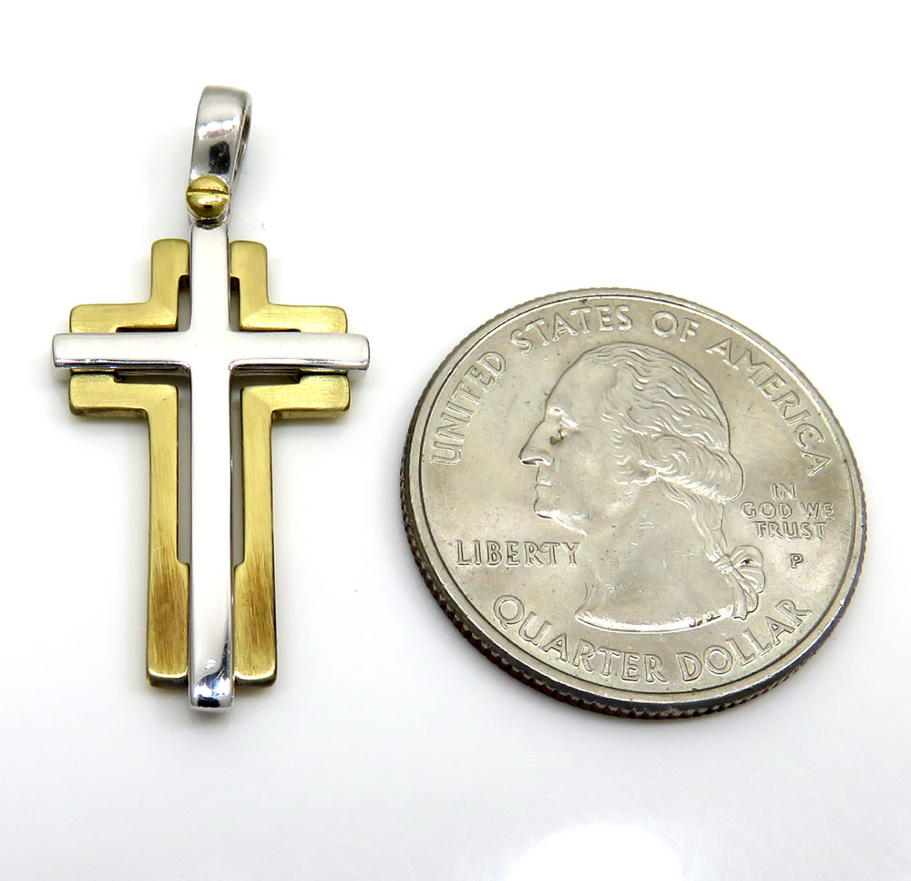 14k yellow and white gold two tone double cross 