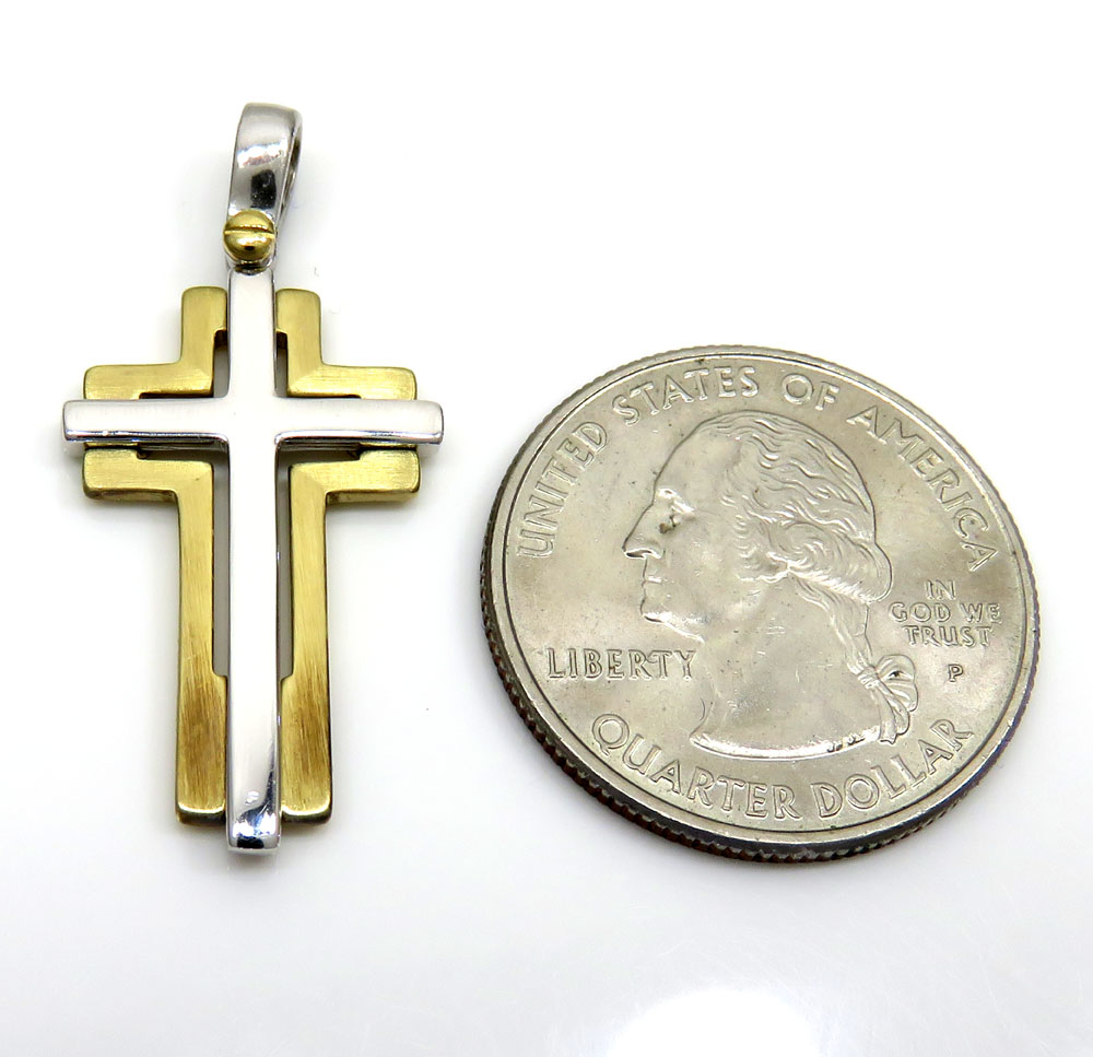 14k yellow and white gold two tone double cross - Image 2