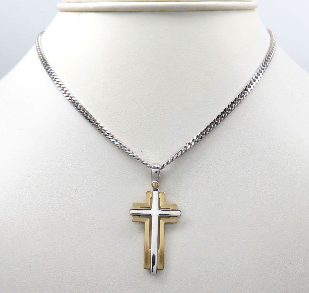 14k yellow and white gold two tone double cross 