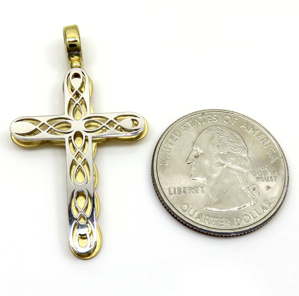 14k yellow and white gold two tone pop up stencil cross 