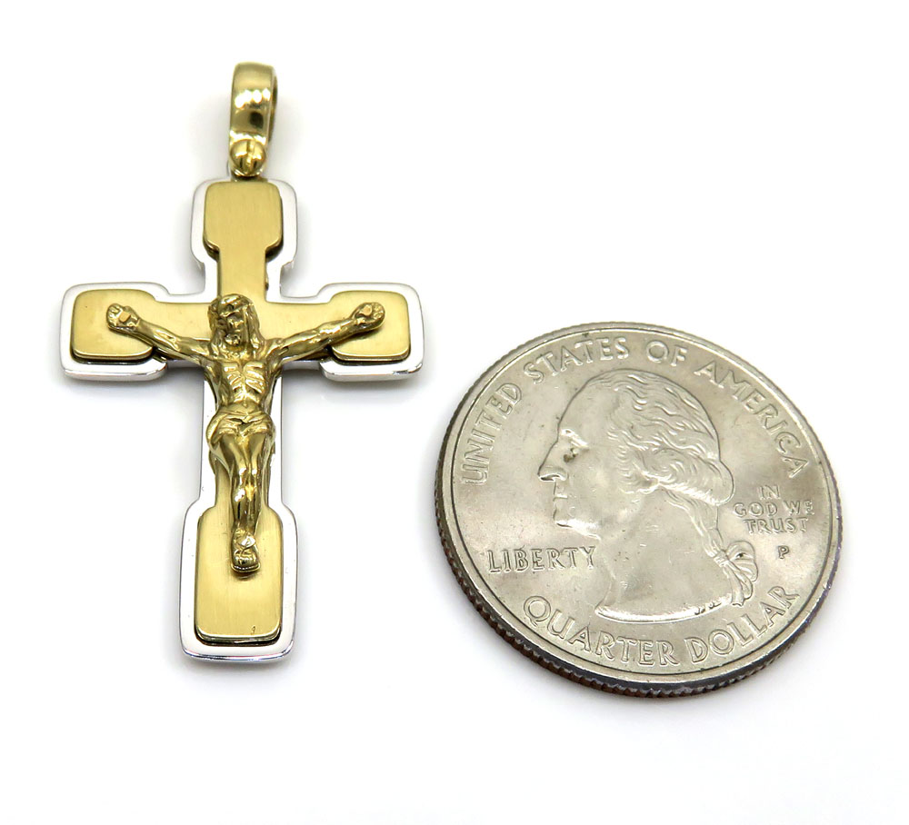 14k yellow and white gold two tone jesus stacked cross 