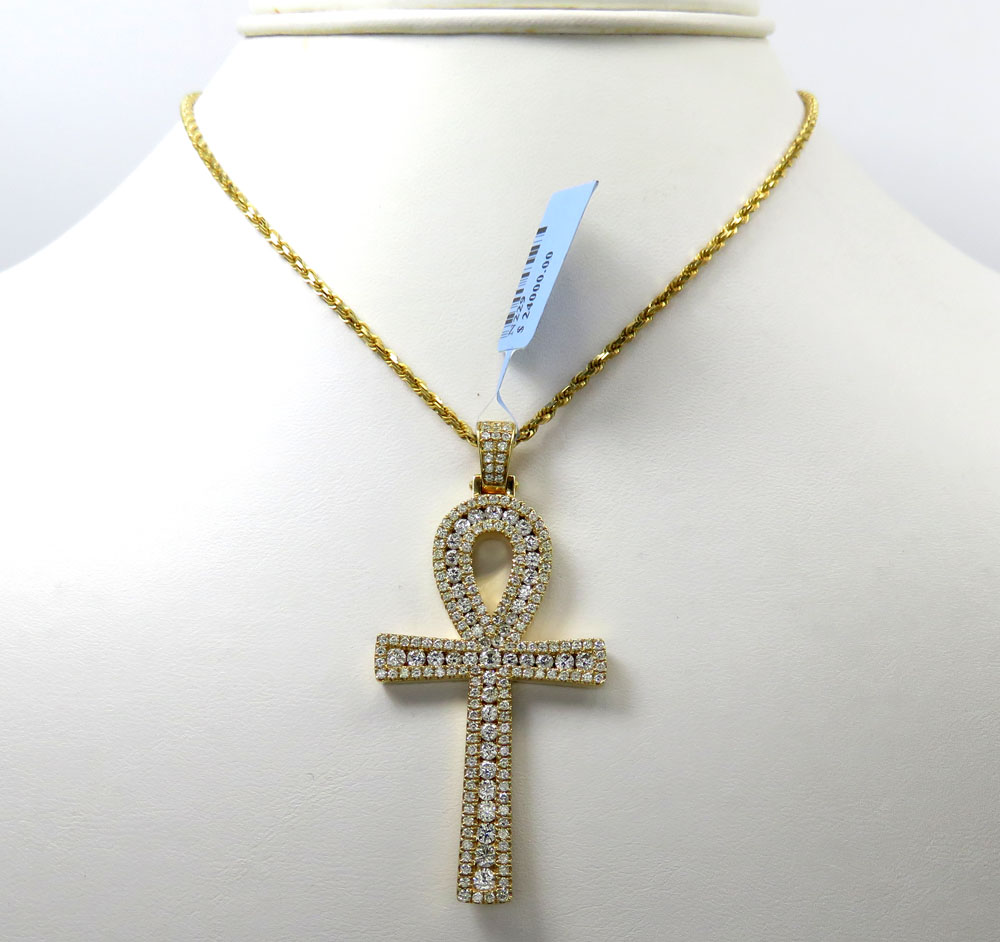 14k yellow gold slim frame diamond ankh cross 2.79ct