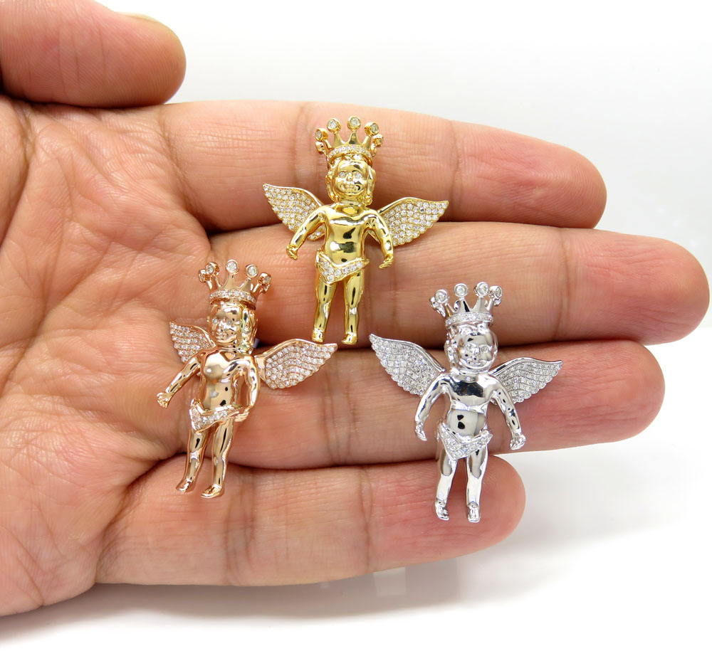 14k yellow white or rose gold crowned diamond baby cherub pendant 0.48ct