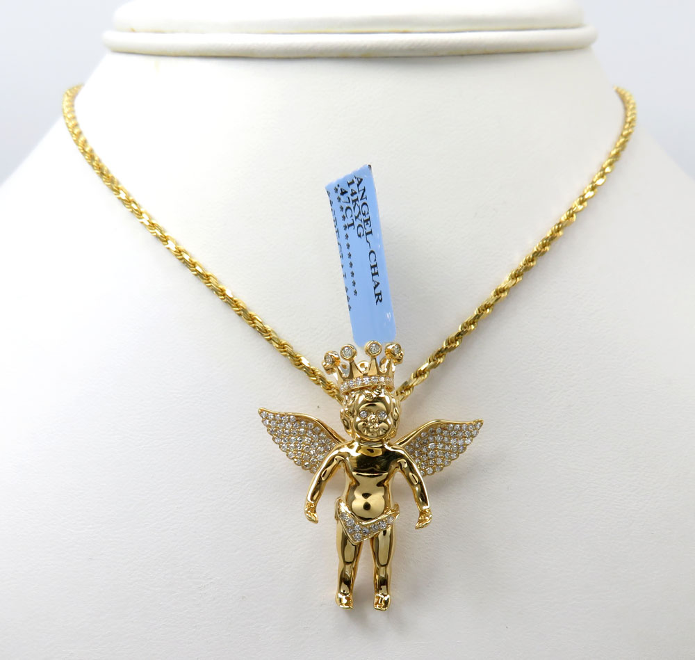 14k yellow white or rose gold crowned diamond baby cherub pendant 0.48ct