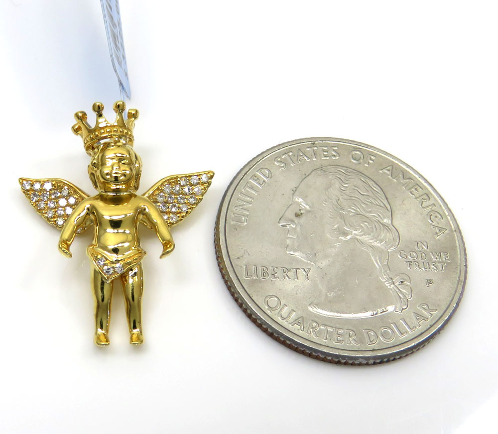 14k yellow white or rose gold mini crowned diamond baby cherub pendant 0.11ct - Image 2