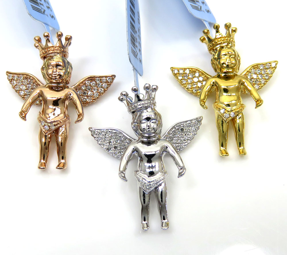 14k yellow white or rose gold mini crowned diamond baby cherub pendant 0.11ct