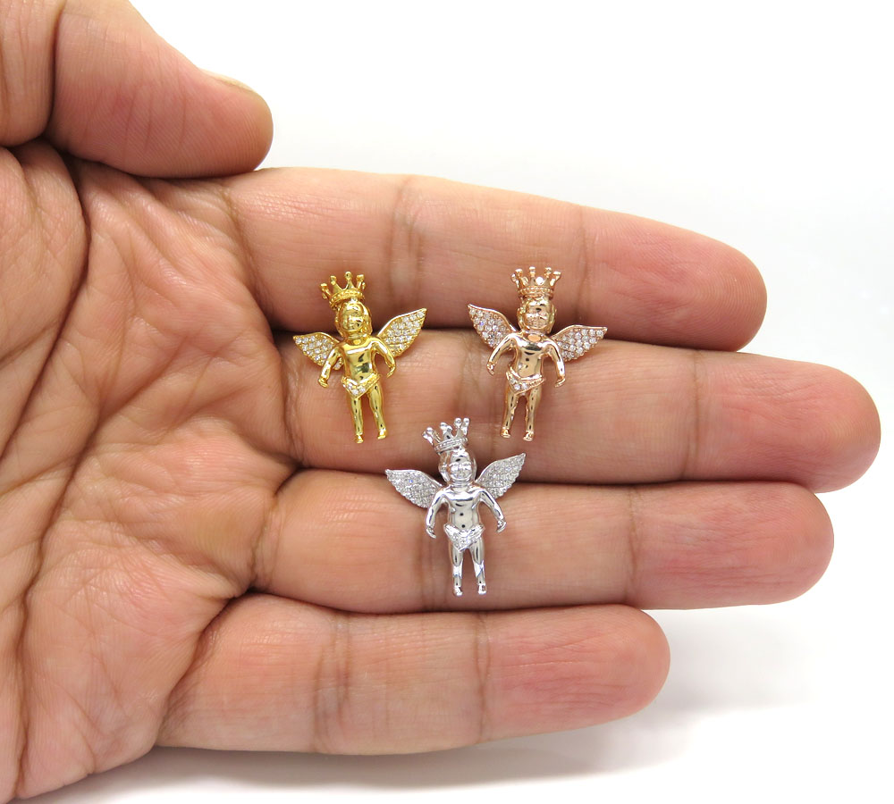 14k yellow white or rose gold mini crowned diamond baby cherub pendant 0.11ct
