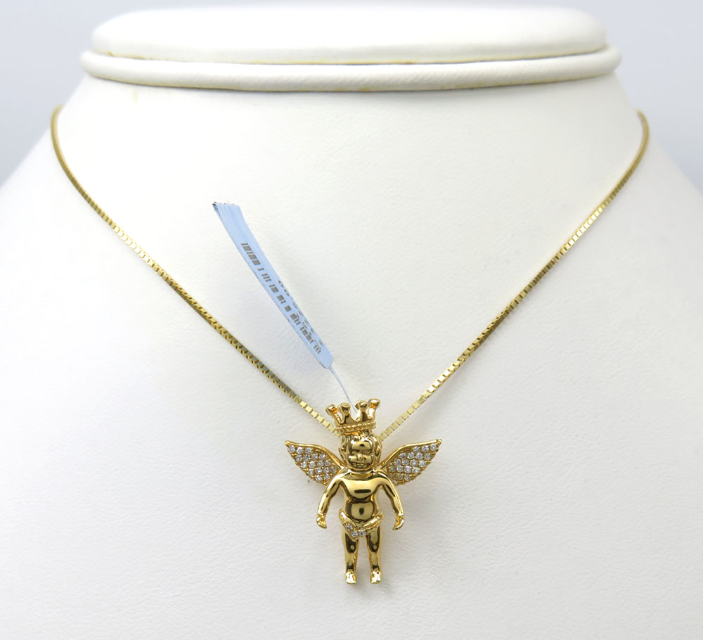 14k yellow white or rose gold mini crowned diamond baby cherub pendant 0.11ct