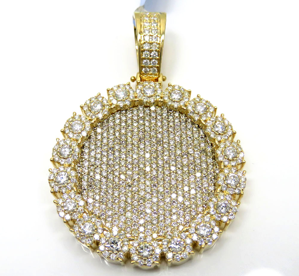 14k yellow gold fully iced large medallion pendant 7.39ct