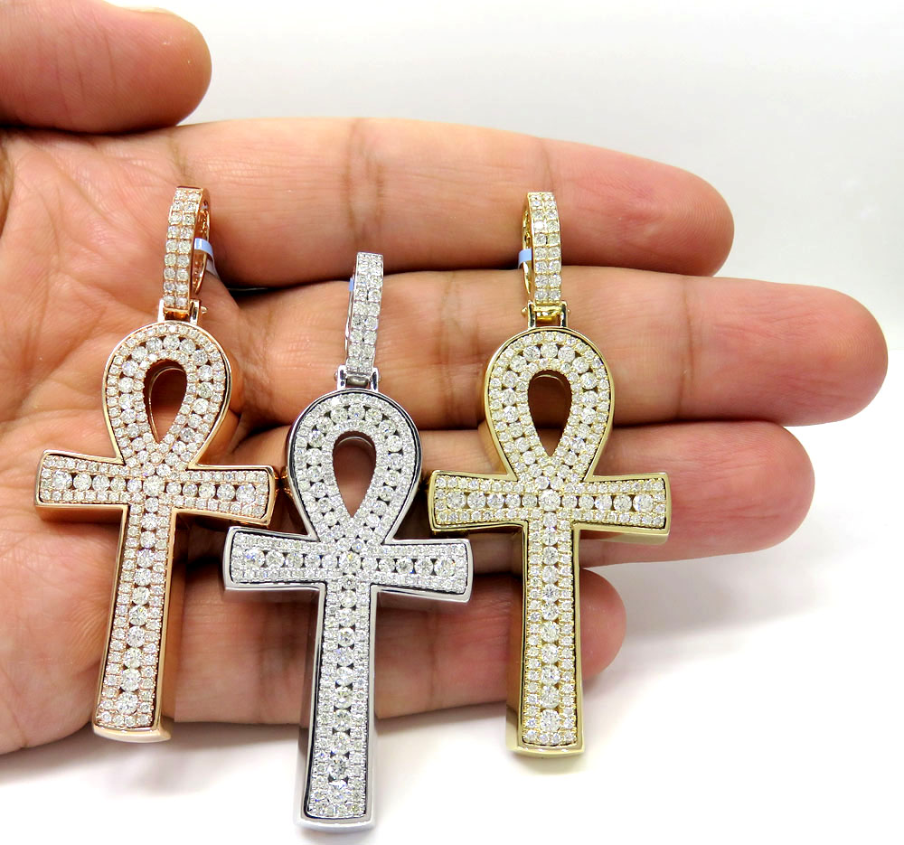 14k yellow white or rose gold thick frame diamond ankh cross 3.00ct