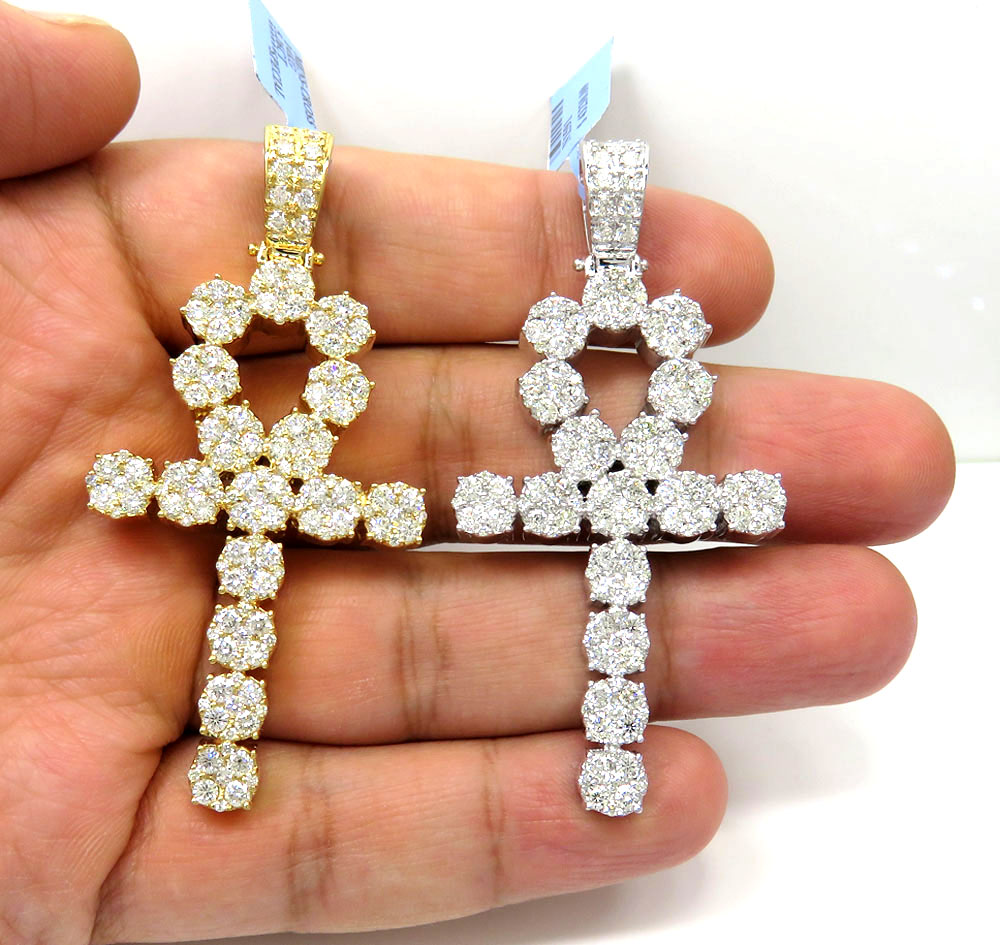 14k yellow or white gold nine diamond cluster ankh cross 5.26ct