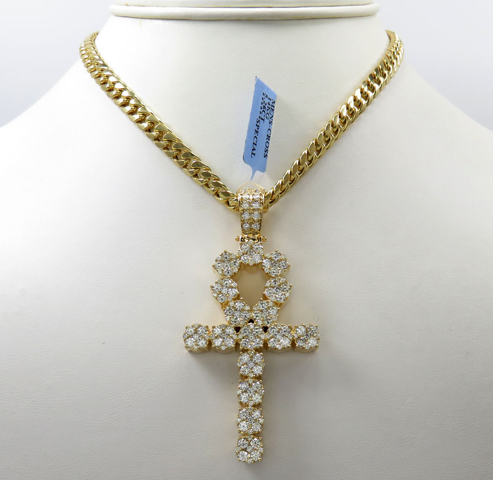 14k yellow or white gold nine diamond cluster ankh cross 5.26ct