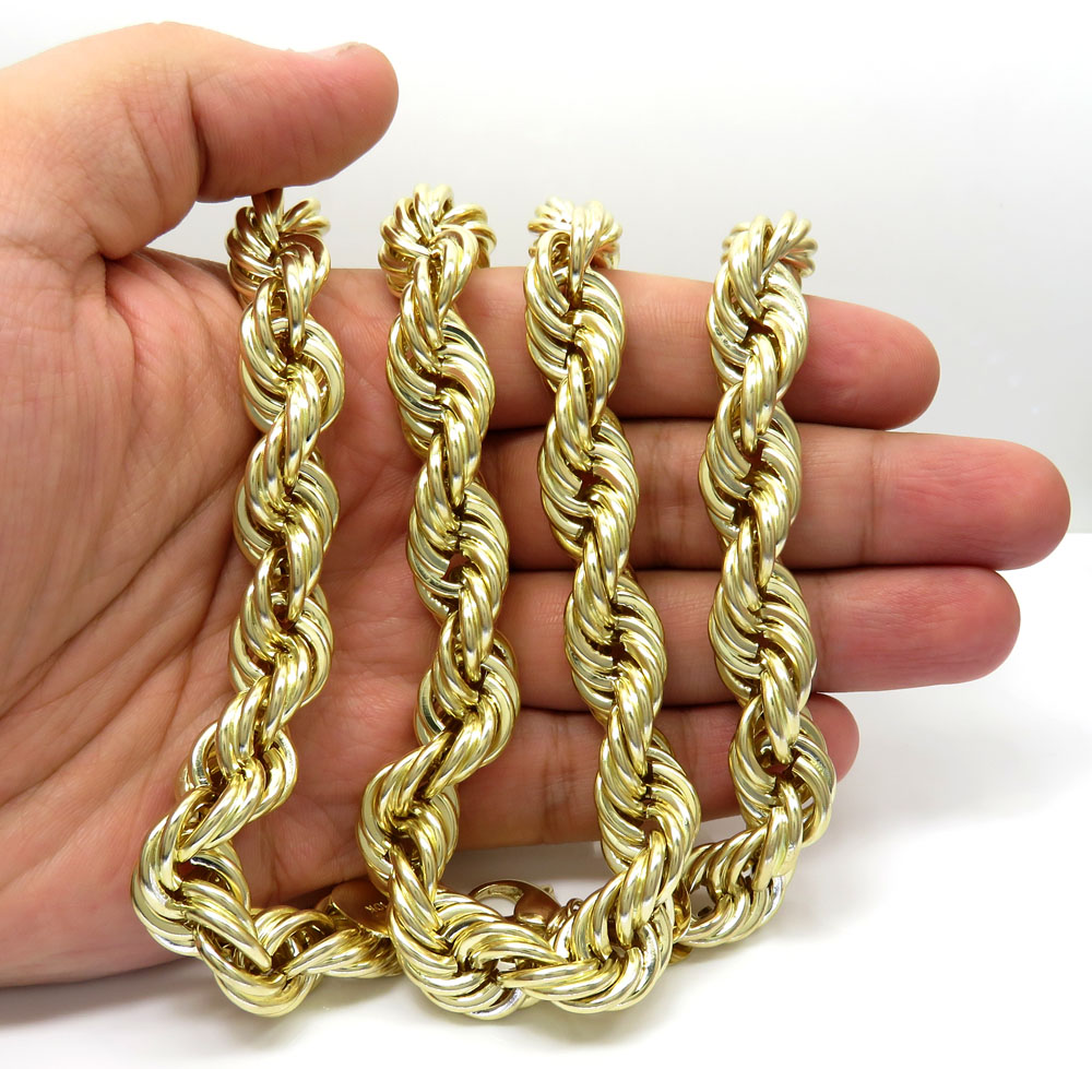 10k yellow gold xl smooth semi hollow rope chain 14mm 24-26 inch
