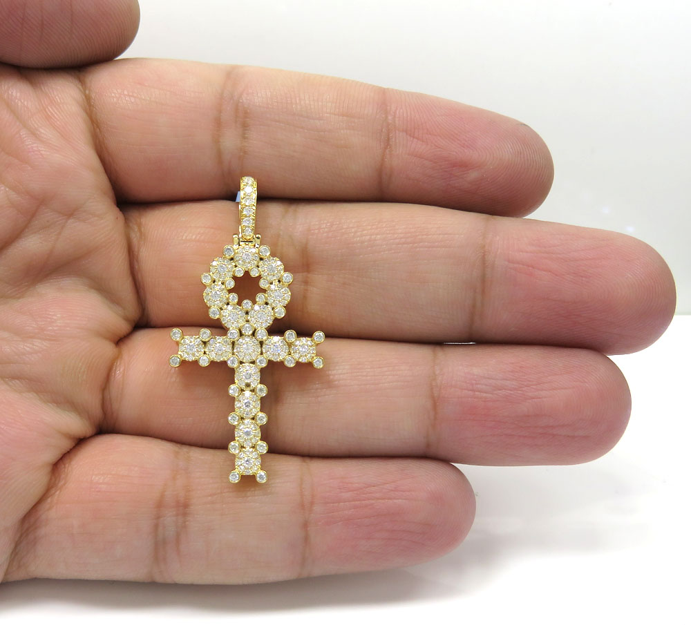 14k yellow gold diamond cluster prong ankh cross 1.10ct