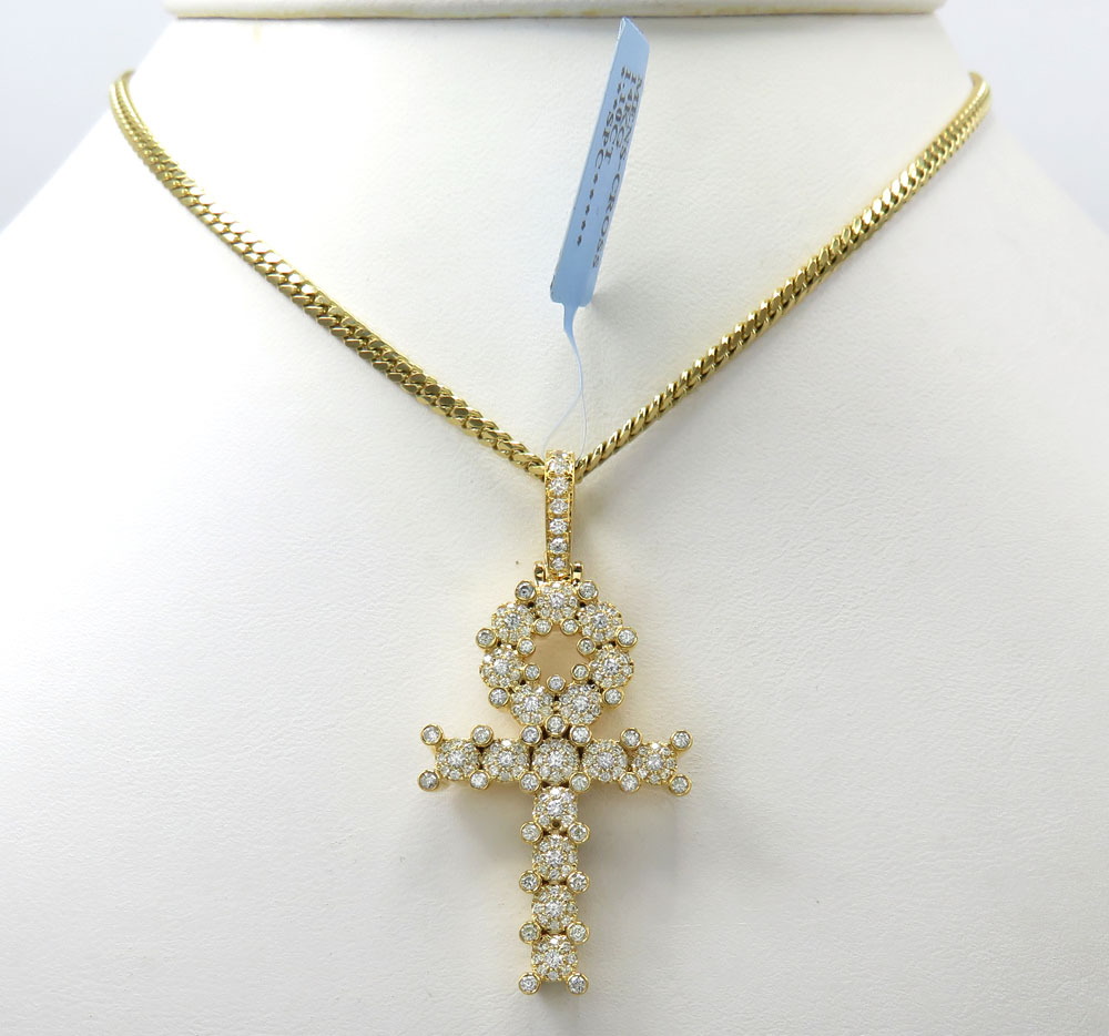 14k yellow gold diamond cluster prong ankh cross 1.10ct