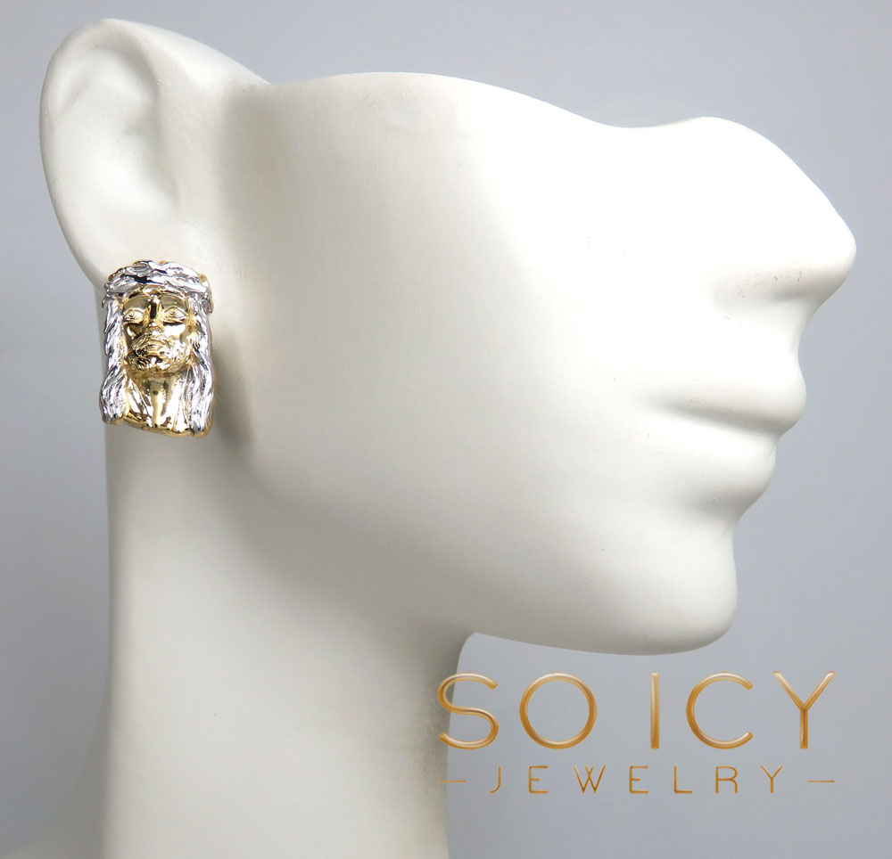 10k two tone gold medium size classic jesus face earrings