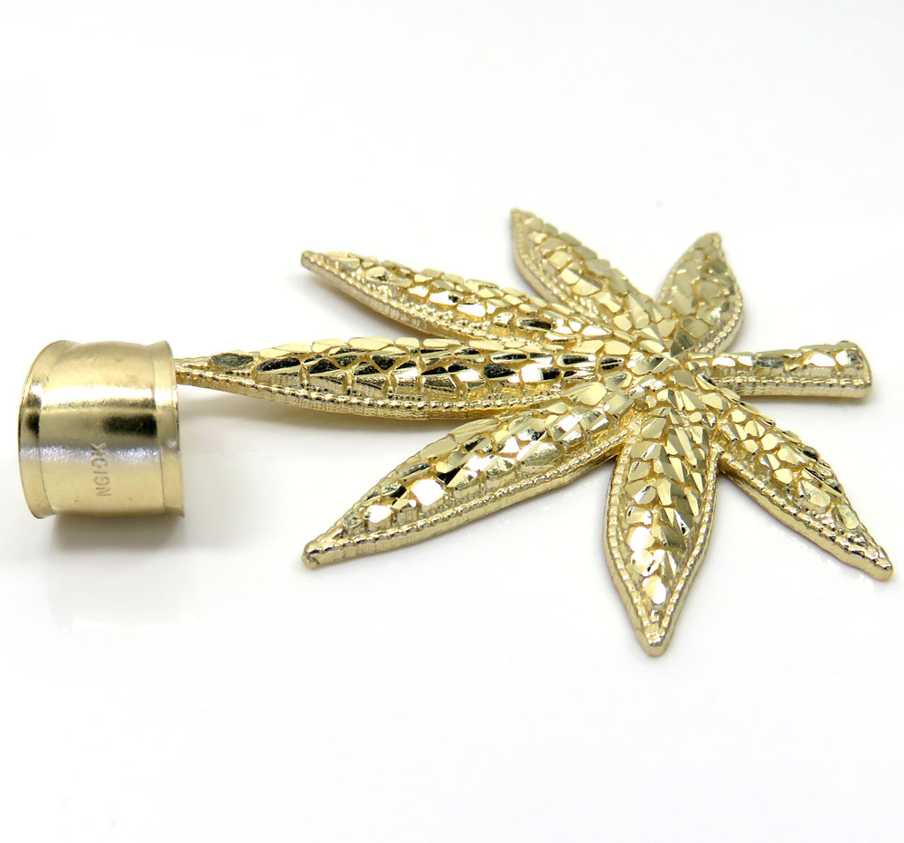 14k yellow gold nugget marijuana leaf pendant