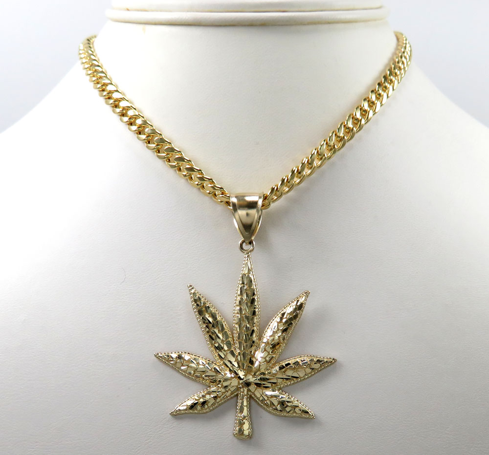 14k yellow gold nugget marijuana leaf pendant