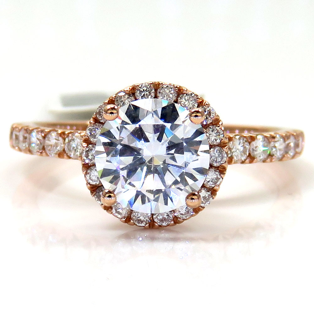Ladies 14k rose gold round diamond halo engagement ring 0.43ct