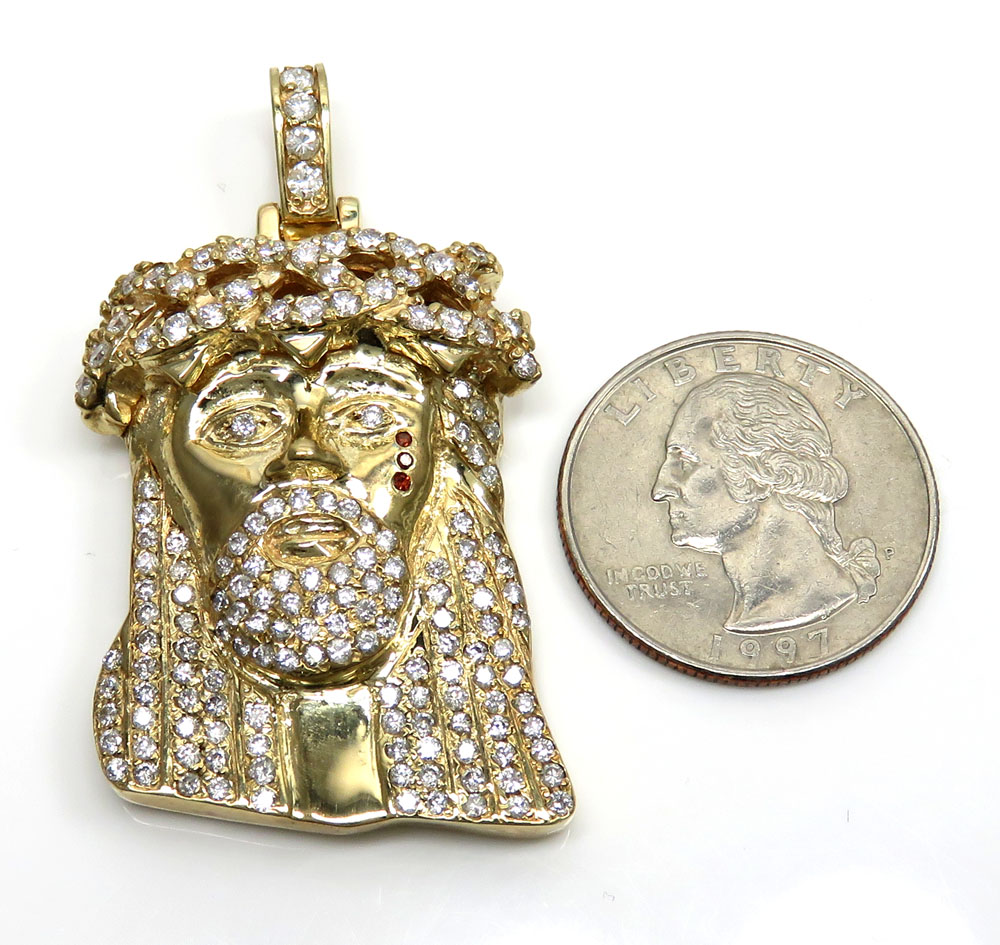 4.00ct 14k yellow gold large jesus head red tear diamond pendant - Image 2