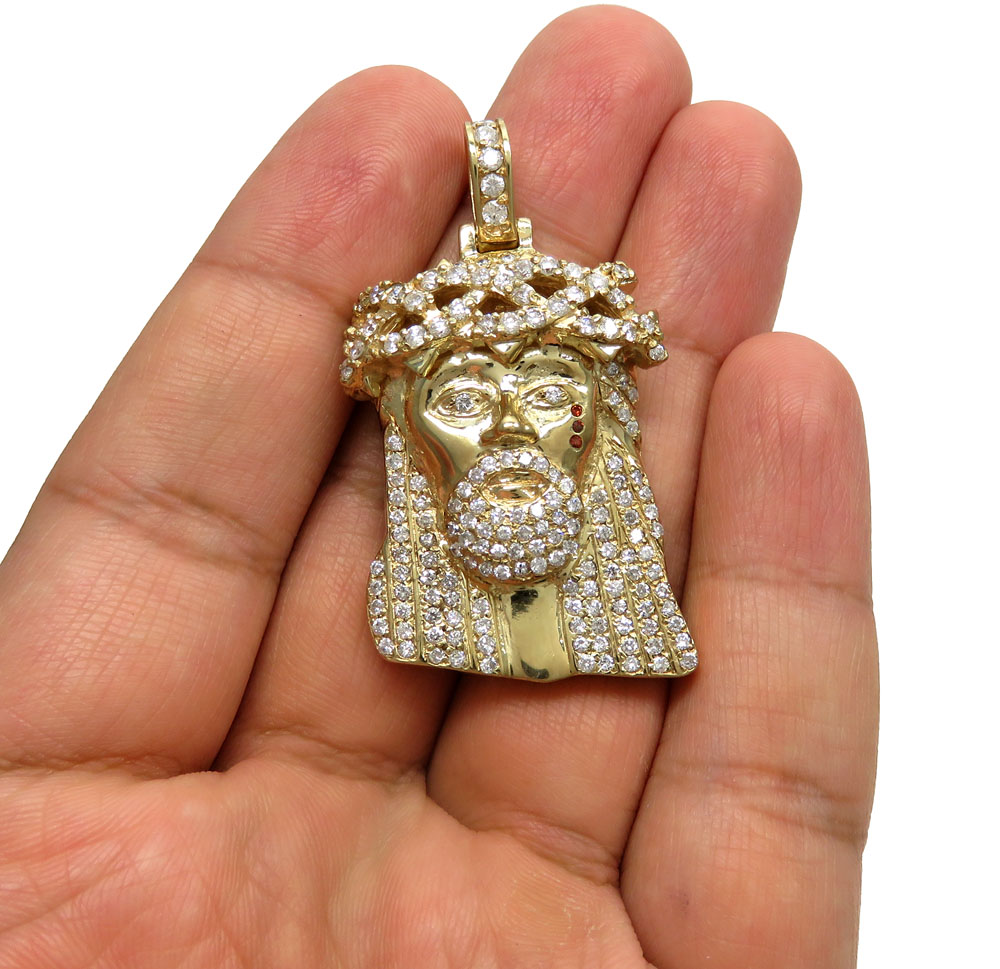 4.00ct 14k yellow gold large jesus head red tear diamond pendant