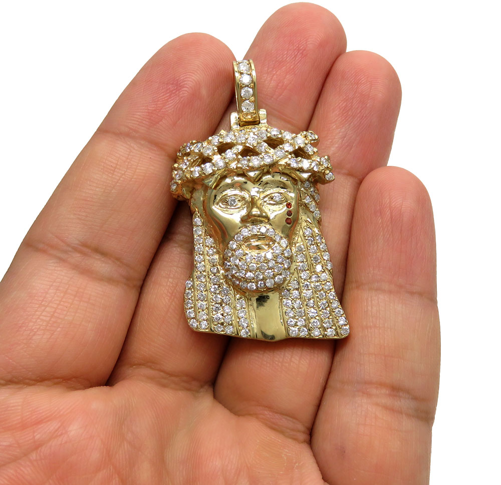 4.00ct 14k yellow gold large jesus head red tear diamond pendant - Image 5