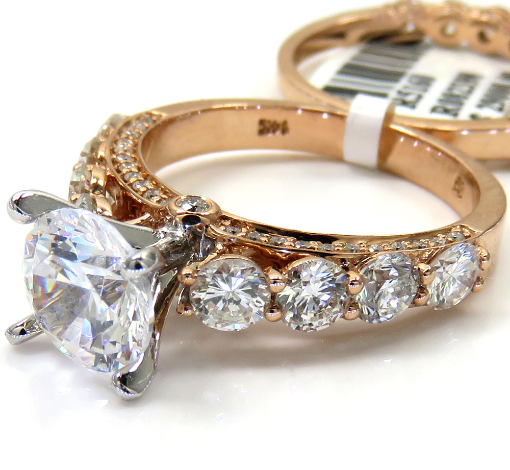 14k rose gold two row semi mount diamond engagement ring set 2.19ct