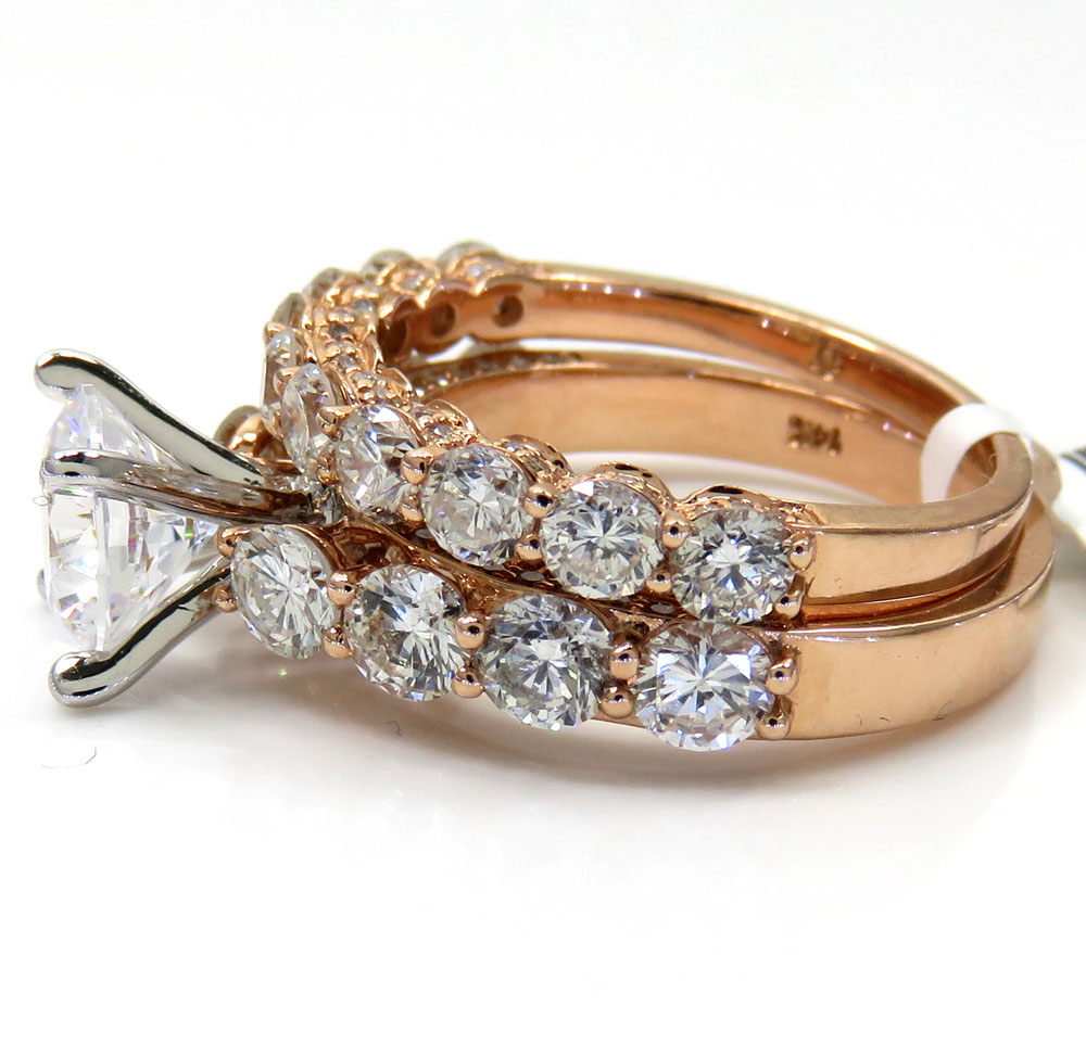 14k rose gold two row semi mount diamond engagement ring set 2.19ct