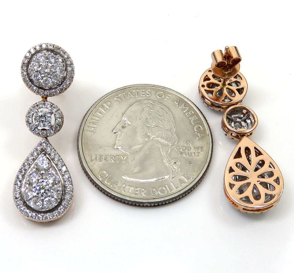 14k rose gold cluster diamond tear drop earrings 1.97ct