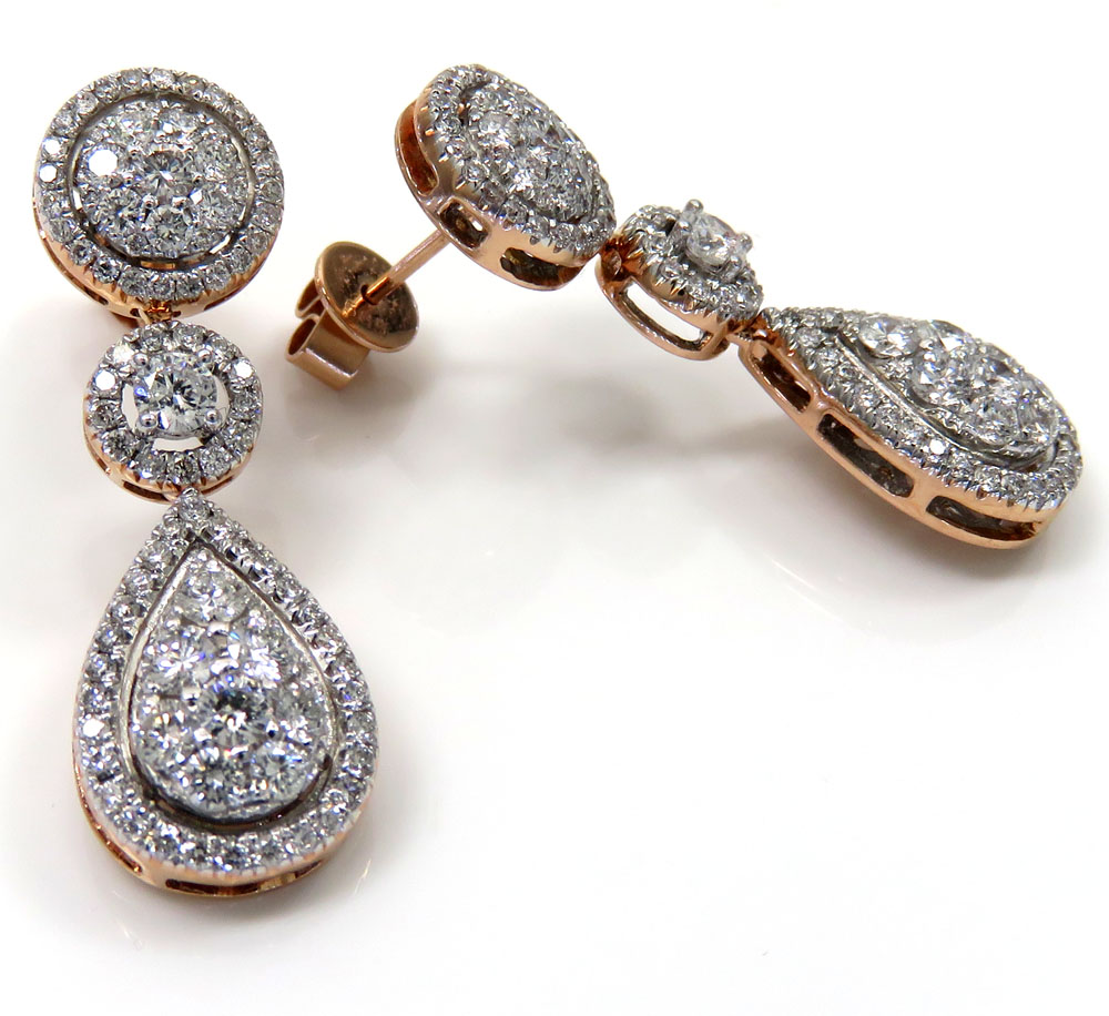 14k rose gold cluster diamond tear drop earrings 1.97ct