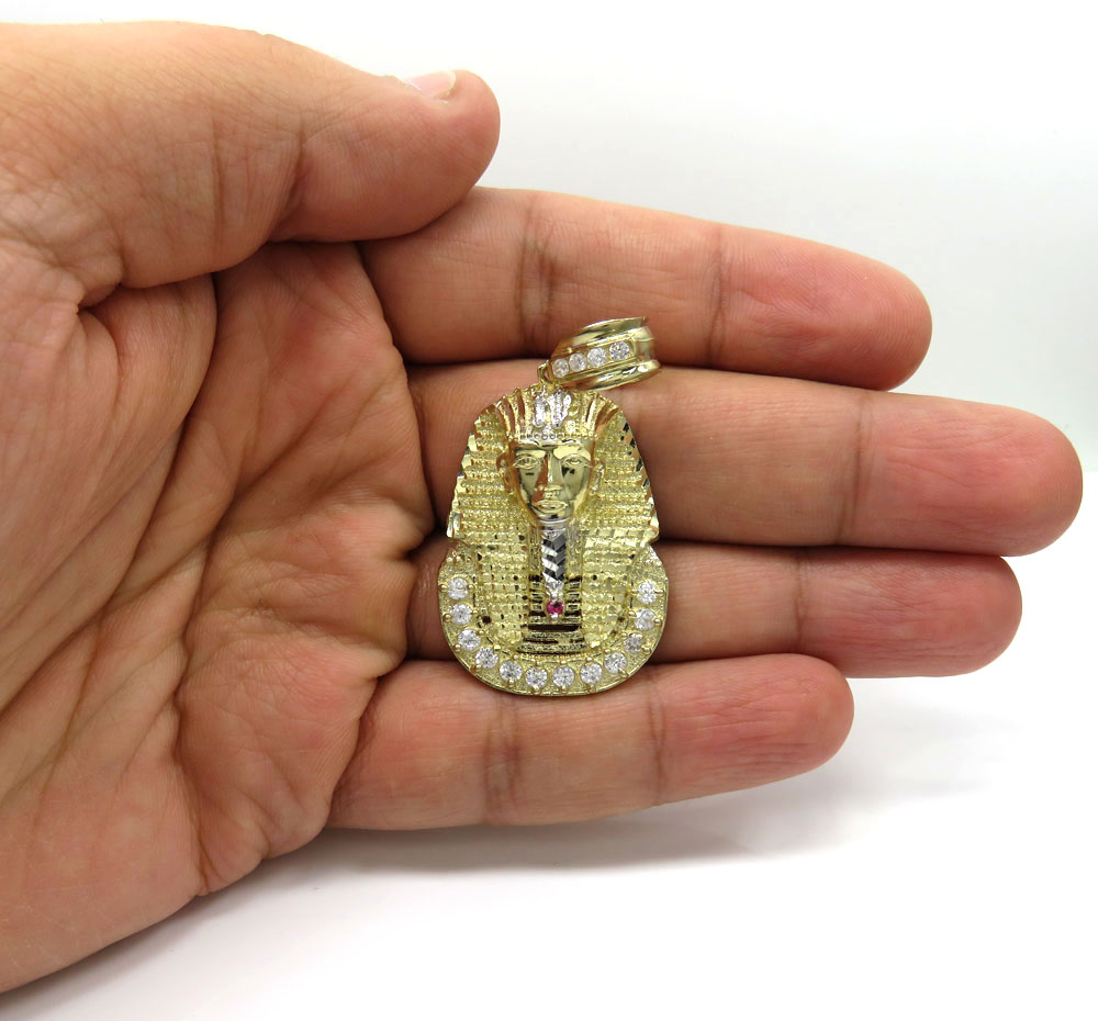 10k yellow gold medium cz king tut pharaoh head pendant 0.50ct