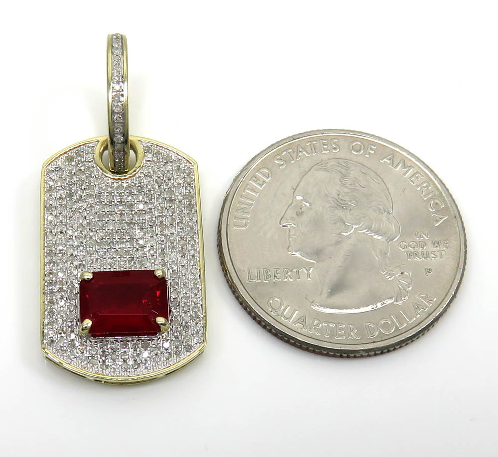 10k yellow gold red ruby diamond dog tag pendant 0.60ct