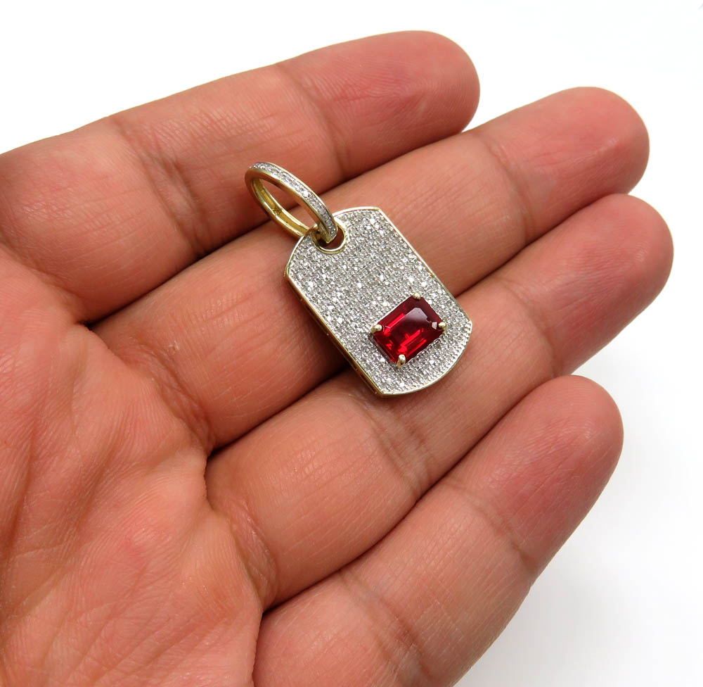 10k yellow gold red ruby diamond dog tag pendant 0.60ct